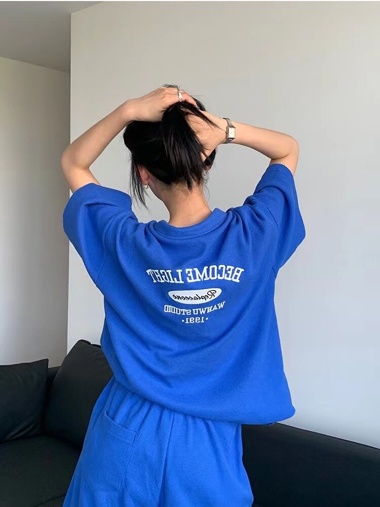 여성용 KLEIN 블루 와플 폴로 셔츠 정장 2024 여름 미국 루즈 캐주얼 반팔 반바지 투피스 세트