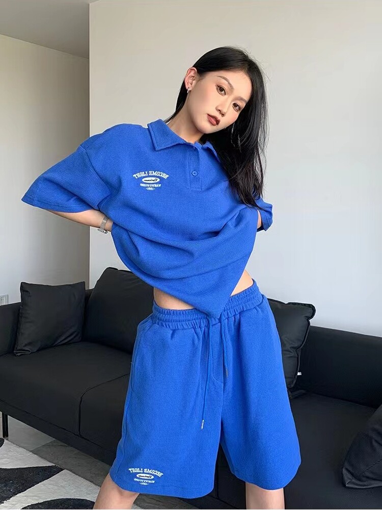 여성용 KLEIN 블루 와플 폴로 셔츠 정장 2024 여름 미국 루즈 캐주얼 반팔 반바지 투피스 세트