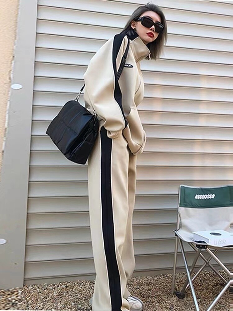 여학생을위한 홍콩 스타일 스트리트 지퍼 스웨터 스포츠 정장 2024 가을 겨울 한국어 버전 새로운 느슨한 캐주얼 투피스 세트