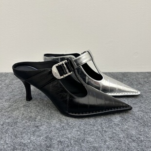 欧洲站2026年新款真皮鳗鱼纹胎牛皮尖头细跟浅口显气质高跟鞋拖鞋