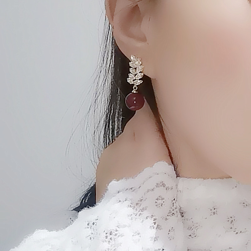925银针韩版女锆石红色珍珠耳坠