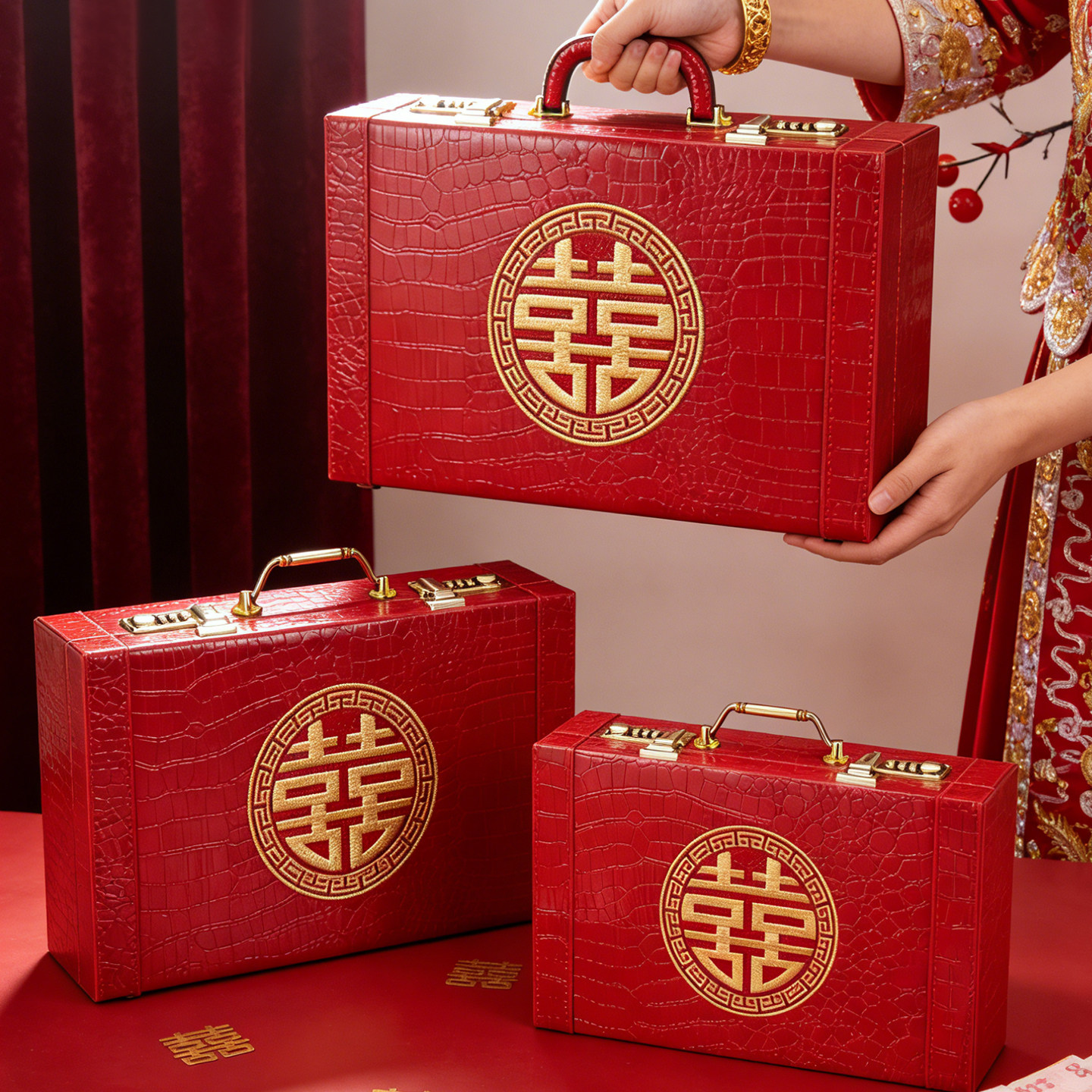 高档复古木质彩礼礼金箱图片