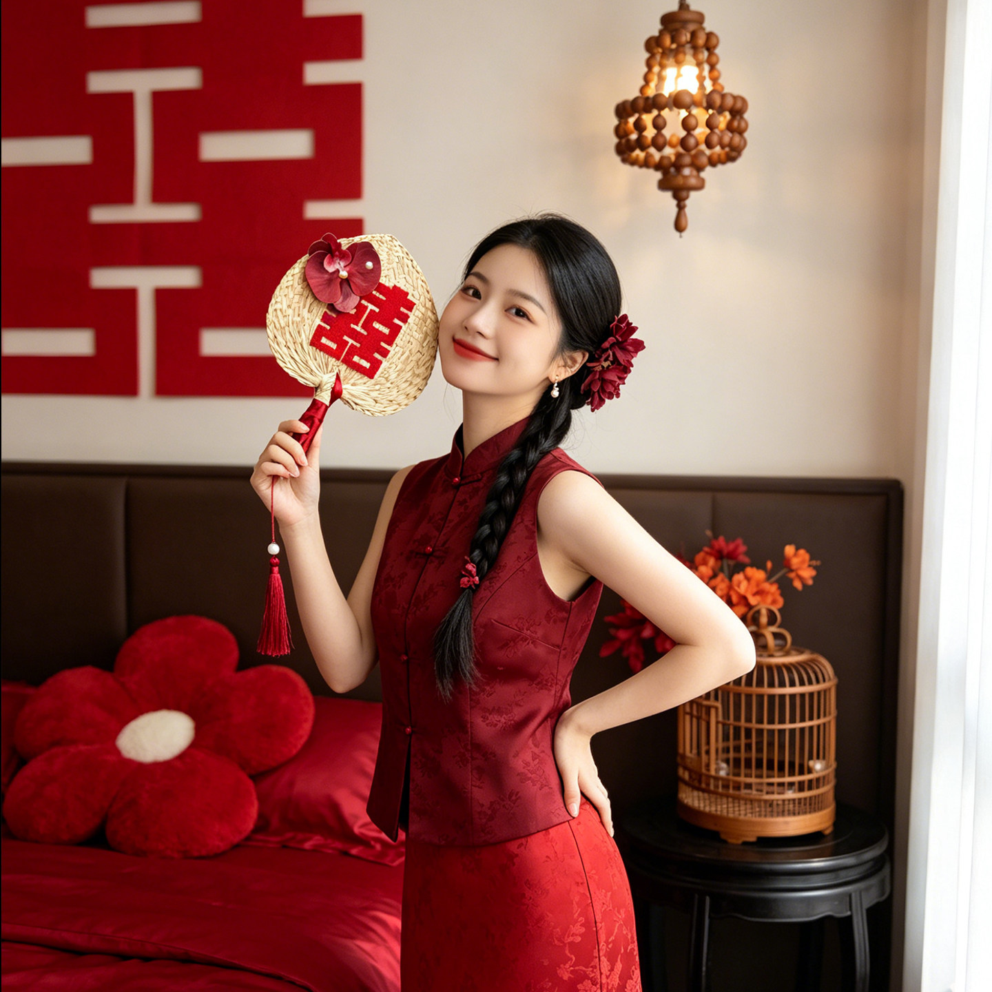 结婚拍照道具婚礼晨袍订婚出片新娘扇中式一路生花喜嫁喜字蒲扇子