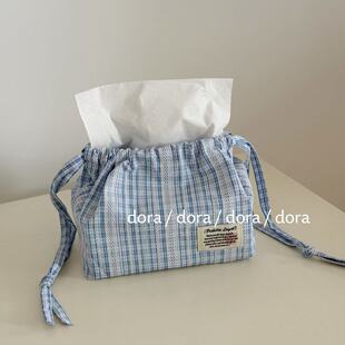 韩系ins蓝格纸巾盒客厅卧室布艺纸巾收纳袋车载车载抽纸盒纸巾袋