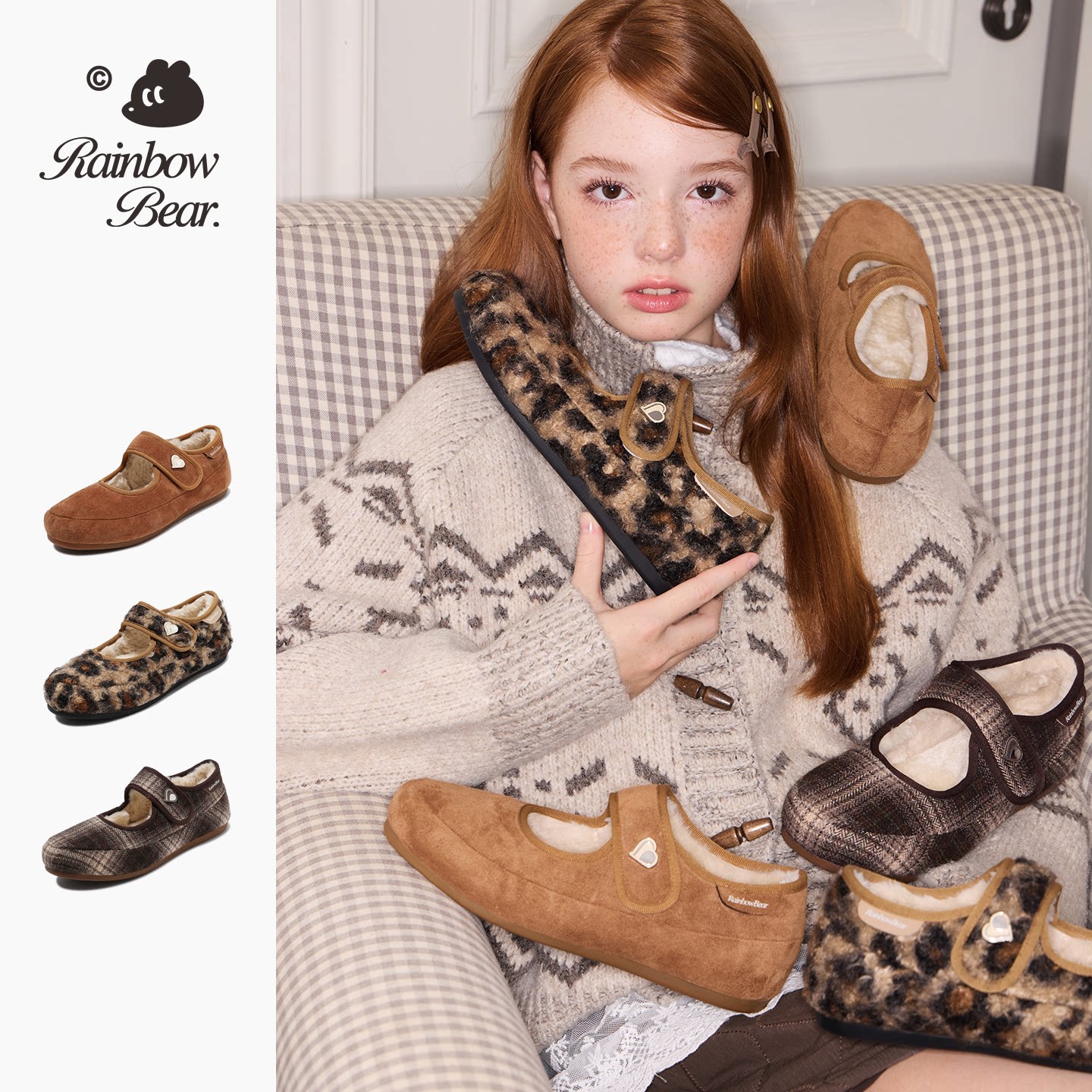 彩虹熊女童豹纹玛丽珍毛毛鞋2026冬季新款儿童棉鞋加绒大童勃肯鞋