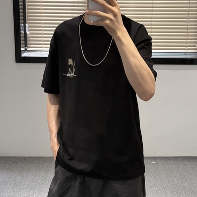 山形高级感亲肤莱塞尔刺绣短小花袖T恤男夏季宽松百搭薄款半袖潮t