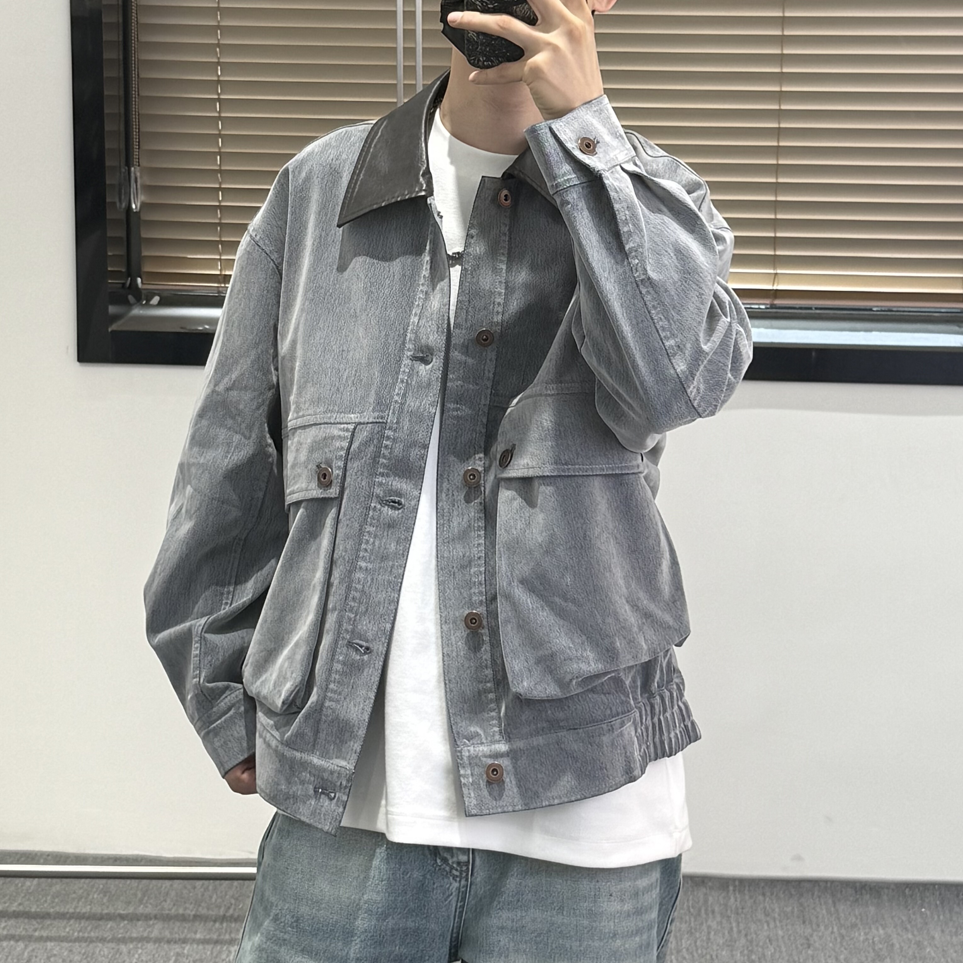 老钱风复古Pu皮领拼接大口袋工牛仔外套