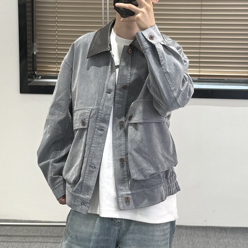 老钱风复古Pu皮领拼接大口袋工装牛仔夹克男春季重磅水洗渐变外套