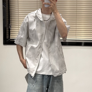 古伦尚夏季男户外复古晕染连帽短袖衬衣美式复古宽松痞帅薄款外套