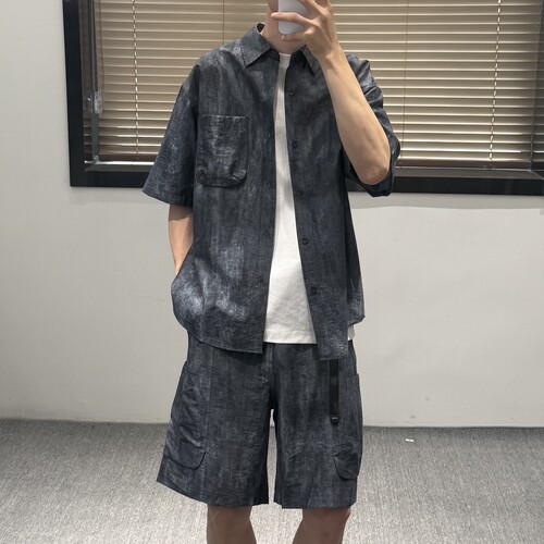 2RX夏季高端新款水洗扎染翻领短袖衬衫男美式宽松薄款短裤套装潮