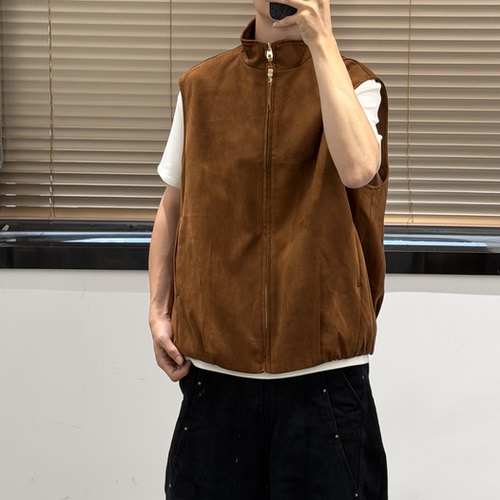 男士2026秋季新款立领马甲纯色简约老钱风青年百搭坎肩桃皮绒上衣