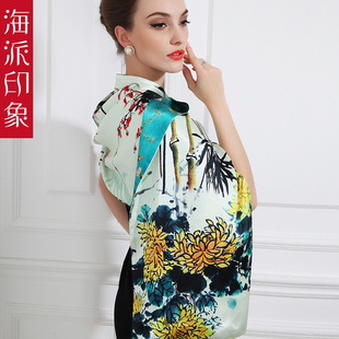 高档双层盘扣真丝丝巾女冬季桑蚕丝妈妈礼物围巾婚礼旗袍披肩外搭