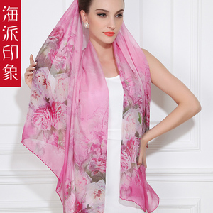 海派印象专柜2017春夏新款长款大 真丝丝巾桑蚕丝围巾