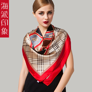 海派印象2017新款春秋真丝丝巾90方巾英伦风格子桑蚕丝披肩两用