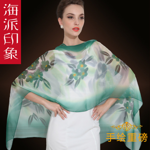 海派印象专柜品牌2017春夏新款长款手绘真丝丝巾桑蚕丝围巾礼盒装