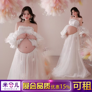 26新款 大肚照写真韩系白色花朵网纱蕾丝礼服出租3735 孕妇拍照服装