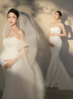 3195新款孕妇拍照服装纯欲风唯美仙女白缎面礼服大肚孕姿衣服出租