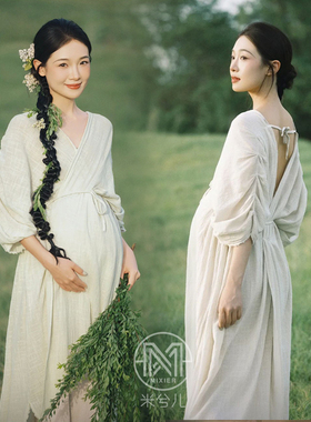 孕妇拍照服装影楼大肚照孕姿衣服素雅禅意外景棉麻连衣裙出租3371