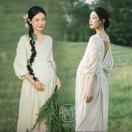 孕妇拍照服装影楼大肚照孕姿衣服素雅禅意外景棉麻连衣裙出租3371