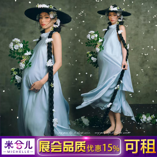 3792新款影楼孕妇拍照摄影写真服装国风新中式蓝飘带连衣裙出租