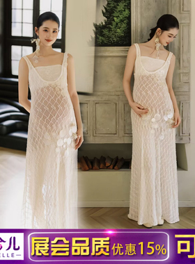 26新款孕妇拍照服装影楼纯欲风写真亮片吊带针织连衣裙出租3697