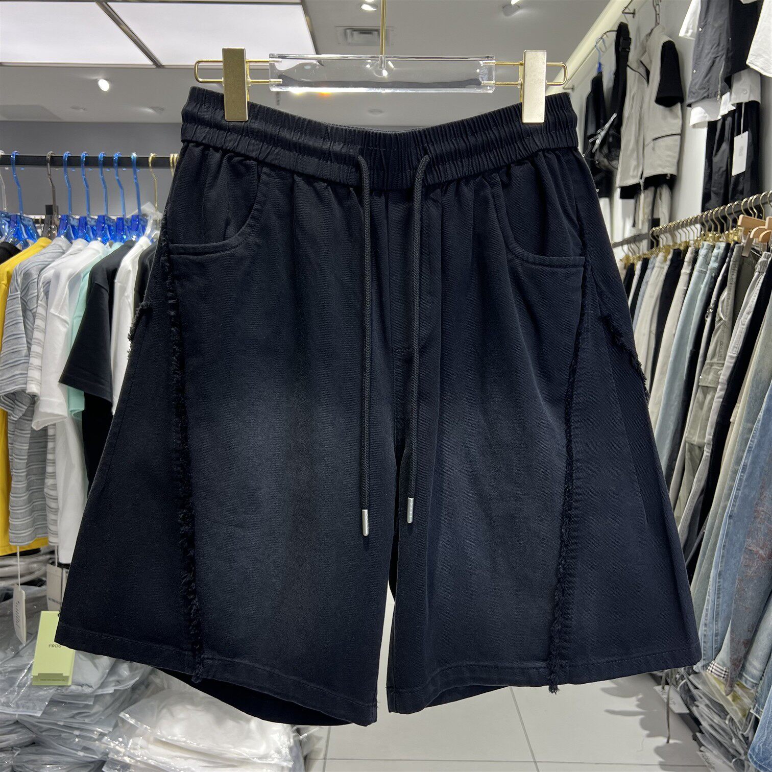 实体店重工洗水简约风短裤男士休闲脏脏渐变毛边拼接感休闲裤2603
