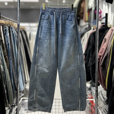 CYC潮牌春季新款浅蓝弯刀裤男线条设计感复古水洗宽松牛仔裤9536