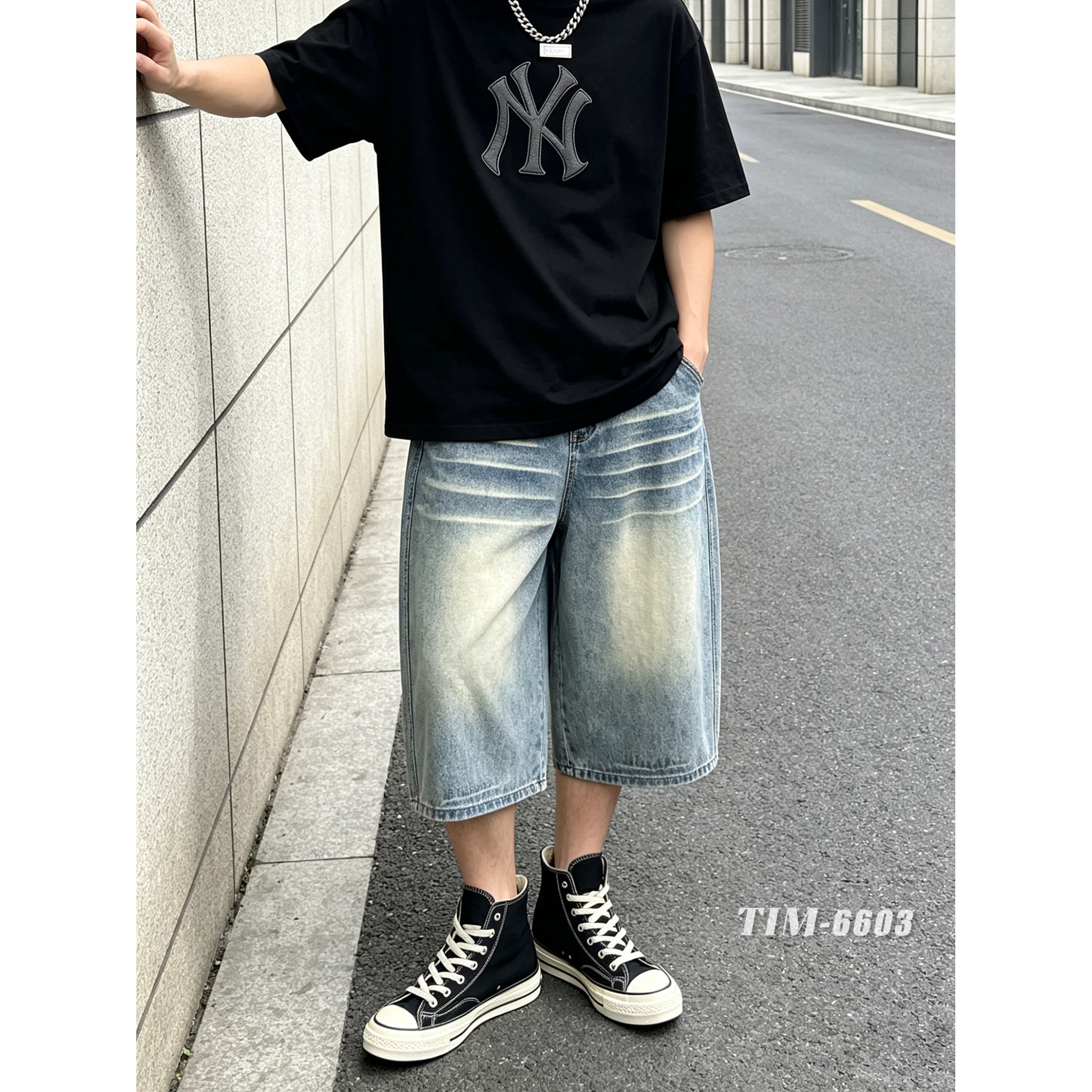 CYC潮牌~TIM浅蓝牛仔短裤男七分裤宽松阔腿水洗猫须系带短裤6603