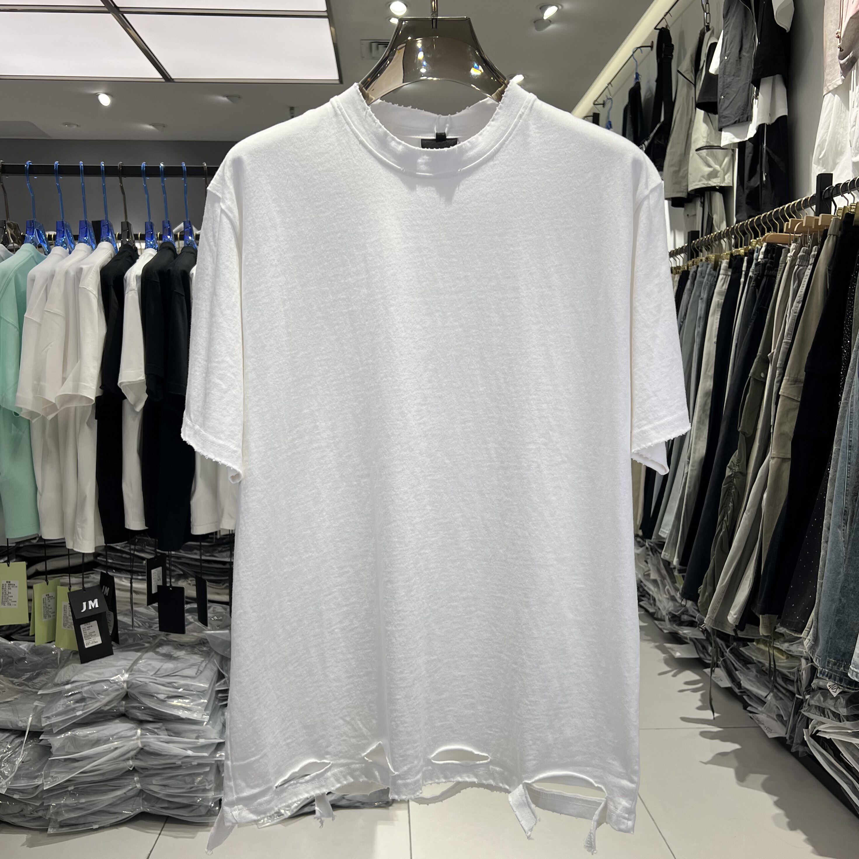 实体店破洞做旧白T恤26夏季新款毛边做旧破洞重磅纯棉棉短袖1199