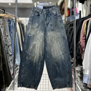 CYC潮牌春小众款 洗水色弯刀裤 复古做旧线条设计感牛仔裤 1270 个性