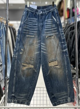 CYC潮牌春款复古做旧破洞弯刀裤水洗猫须线条拼接阔版牛仔裤1273