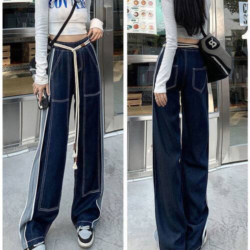 美式高街直筒牛仔裤女秋季复古设计感拼接高腰拖地阔腿裤子潮ins