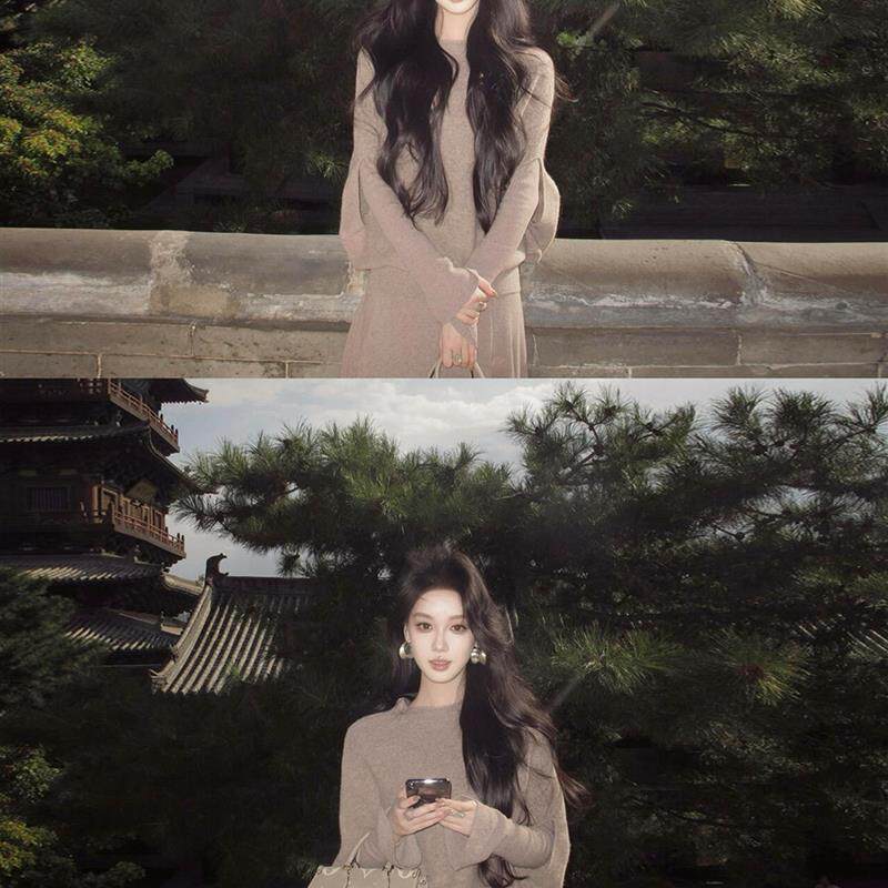 高级感御姐风驼色针织连衣裙子女秋冬季2025新款斗篷披肩套装长裙