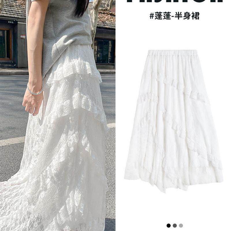 斜纹拼接白色半身裙女2026新款春夏季温柔风高腰显瘦小个子蓬蓬裙