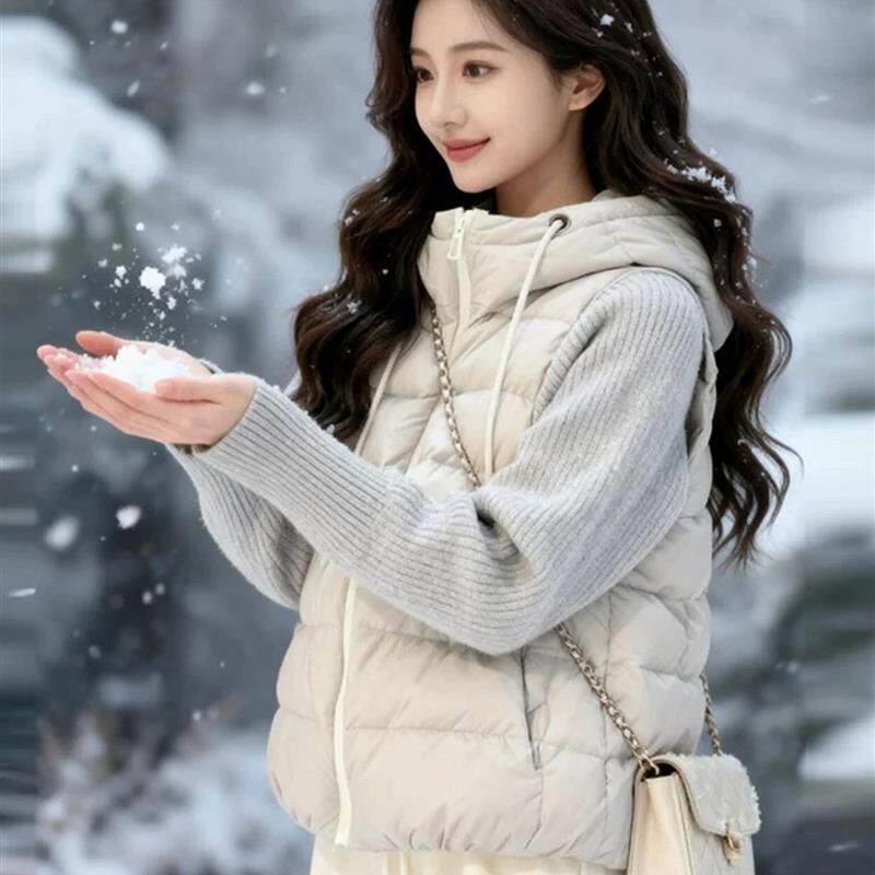 薄款羽绒服女2025新款冬季拼接针织毛衣韩版宽松短款小个子棉外套