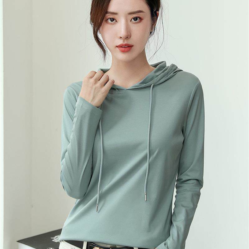 丝光棉连帽卫衣T恤女2026春装新款纯棉百搭轻奢薄款时尚打底衫