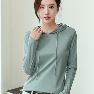 丝光棉连帽卫衣T恤女2026春装新款纯棉百搭轻奢薄款时尚打底衫