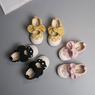 女童帆布鞋春秋款韩版蝴蝶结波点宝宝浅口公主鞋防滑软底幼儿园鞋