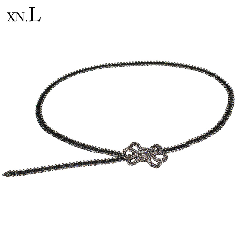 潮流时尚女士细腰带简约百搭配裙子装饰镶嵌水钻金属腰链新款加长