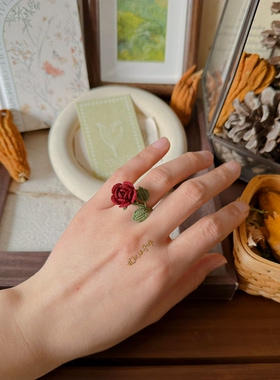 原创设计玫瑰戒指蕾丝线手工微钩花朵森系指环成品
