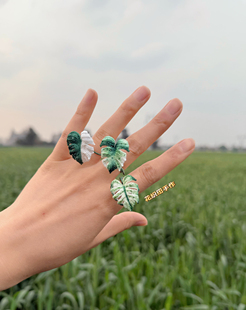 原创龟背竹戒指微钩成品双色叶子戒指手工编织成品