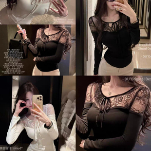 纯欲风系带v领长袖T恤女蕾丝拼接修身显瘦一体式带胸垫上衣打底衫