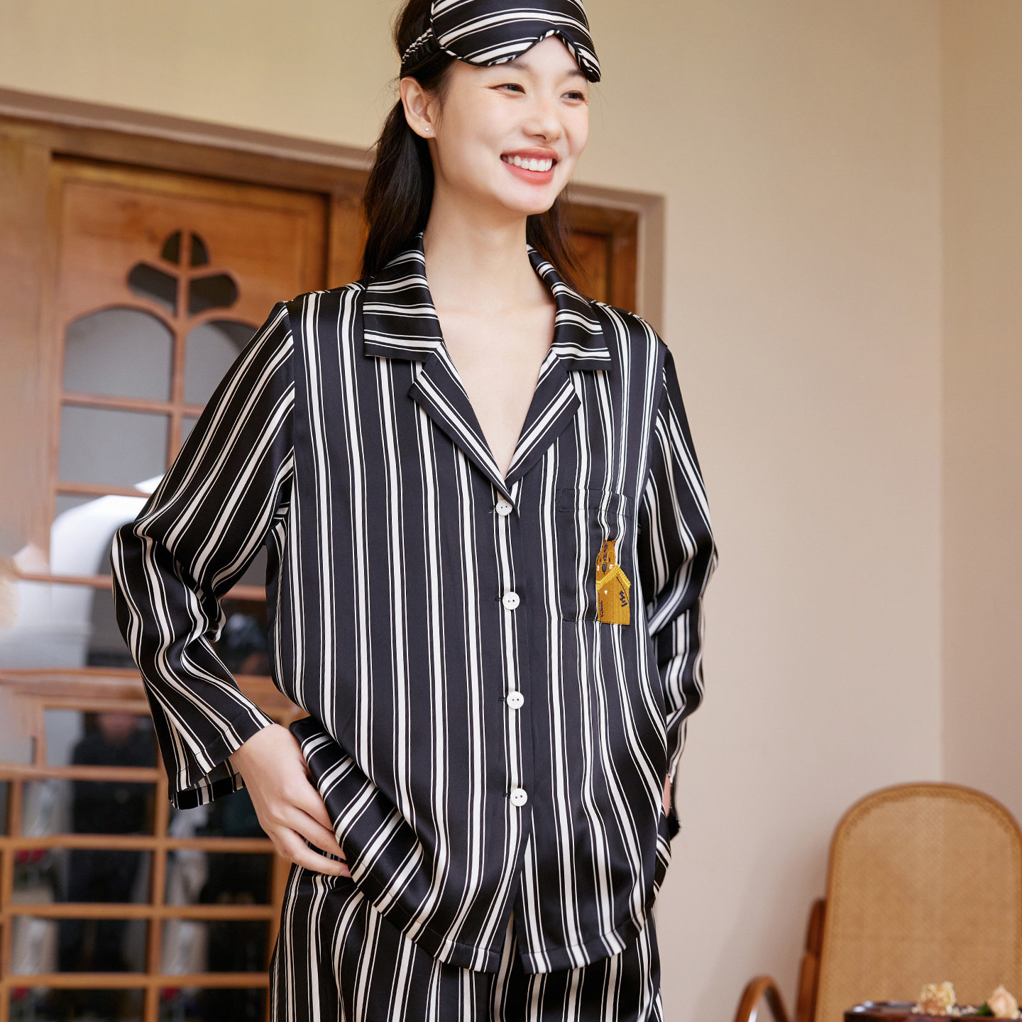 蝶绣19姆米桑蚕丝睡衣女轻条纹拼接长袖长裤100%真丝套装可外穿
