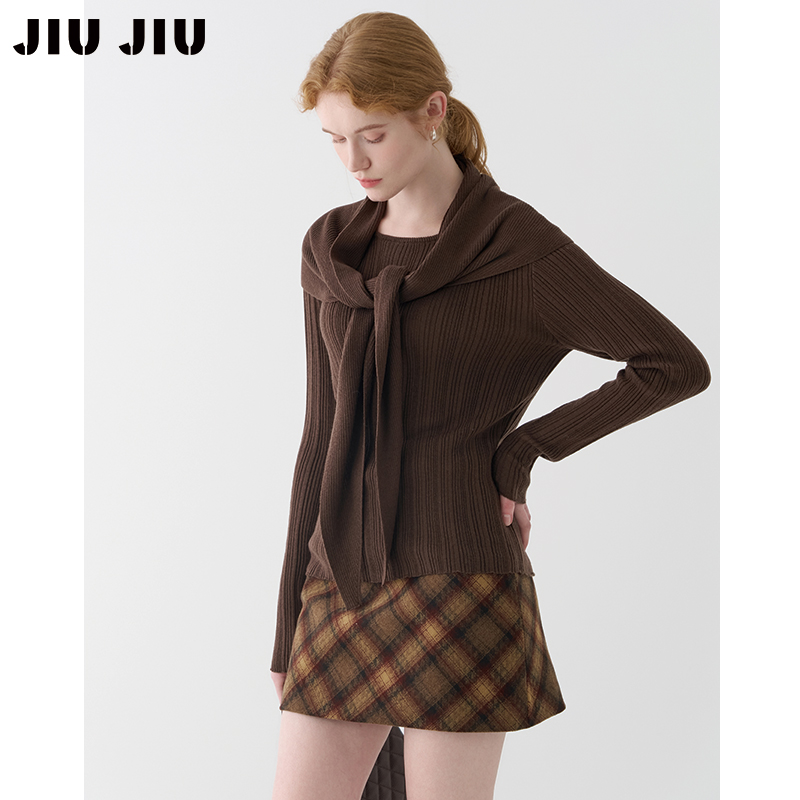 JIUJIU设计感小众羊毛披肩针织衫女秋冬2025新款休闲百搭毛衣上衣