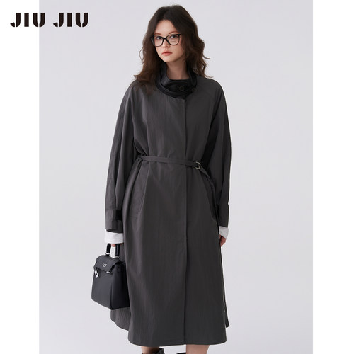 JIUJIU时髦拼皮领高级感风衣女中长款2026秋季新款宽松休闲外套