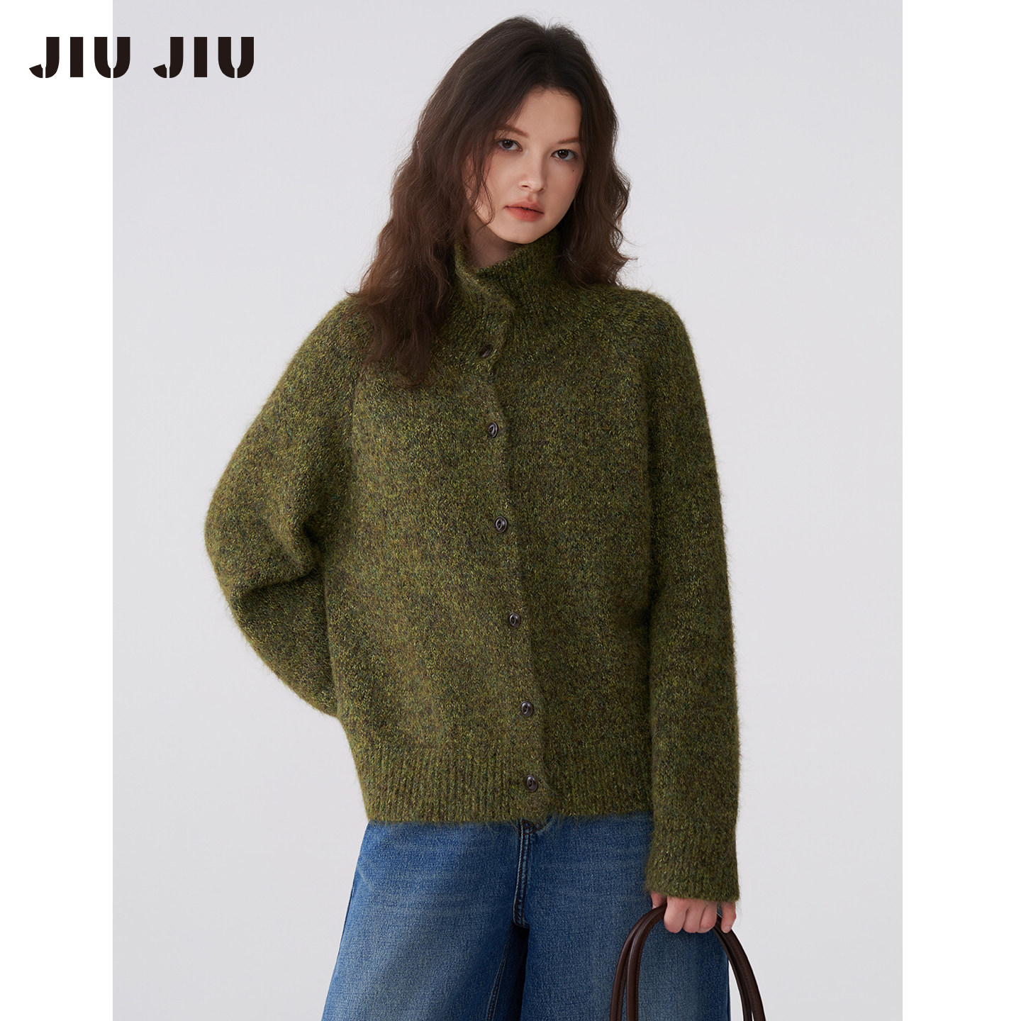JIUJIU复古花纱橄榄绿立领排扣针织开衫女冬季宽松休闲毛衣外套