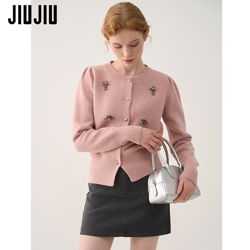 JIUJIU甜美miu系粉色针织开衫女2025春季新款气质短款毛衣外套