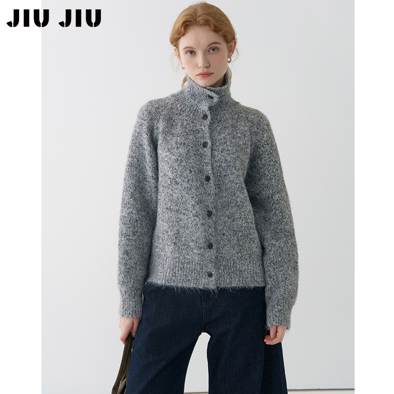 JIUJIU加厚高领排扣针织开衫女秋冬2025新款设计感宽松毛衣外套