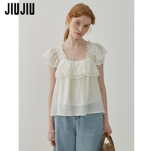 JIUJIU气质荷叶边方领衬衫 女2025夏季 新款 宽松休闲洋气减龄娃娃衫