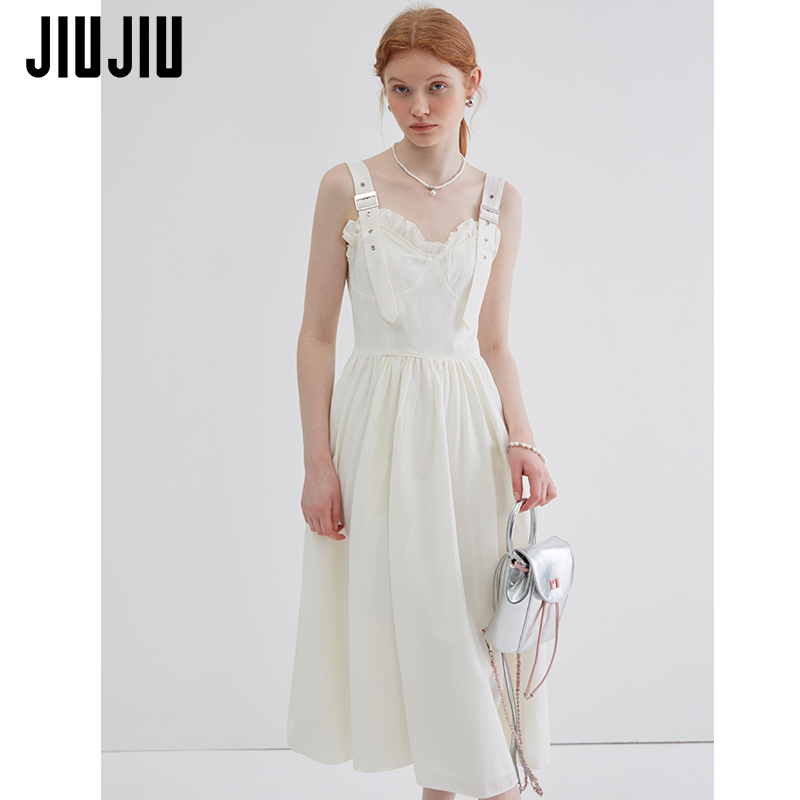 JIUJIU纯欲风木耳边白色背带裙女夏季2023年新款显瘦气质连衣裙